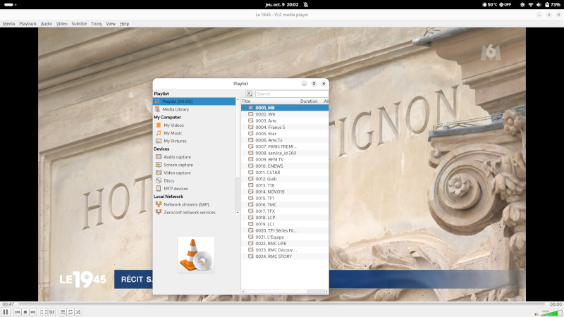 Capture d'écran de VLC en train de lire une chaîne de télé